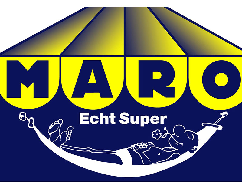 Gelb-blaues MARO Echt Super Logo – Markenzeichen für Sonnenschutz in Vorarlberg
