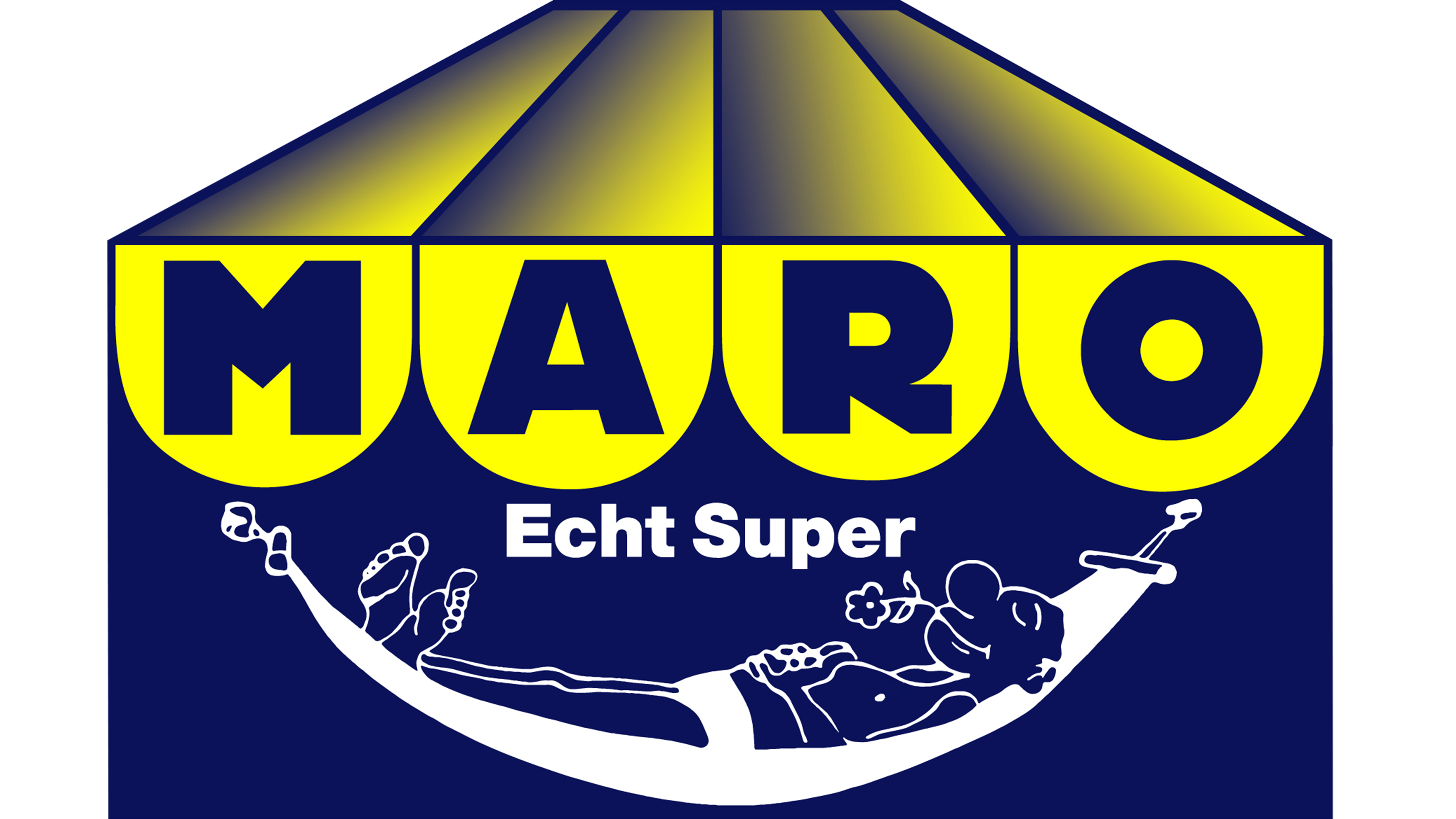 MARO Logo mit Slogan ‚Echt Super‘, zeigt eine entspannte Figur in einer Hängematte unter einer gelb-blauen Markise.